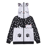 Cat Ear Zip Hoodie – Kawaii Star Print Jacket with Paw Pockets