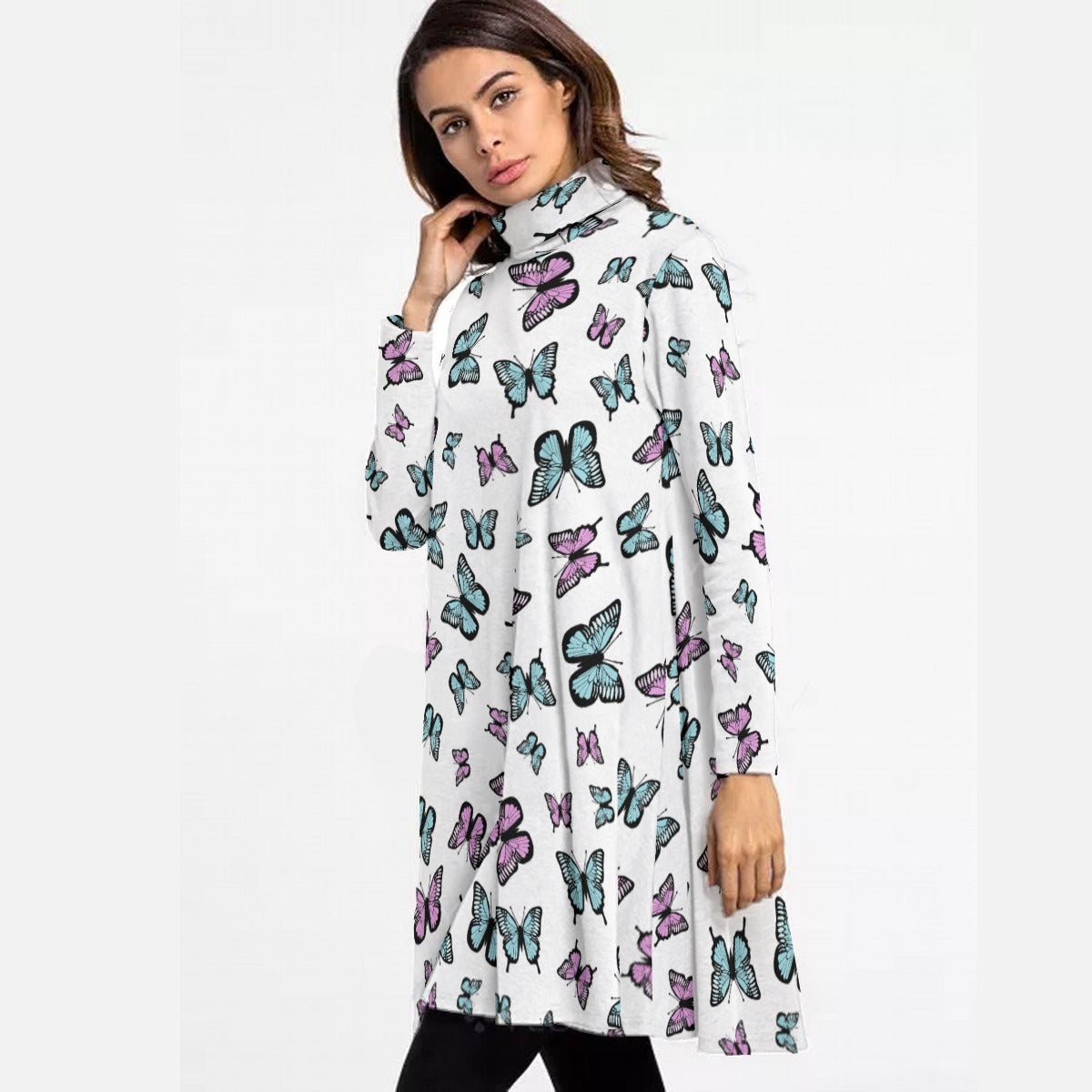 Kawaii Heaven Women's Whimsical Butterflies Turtleneck Swing Dress for Autumn