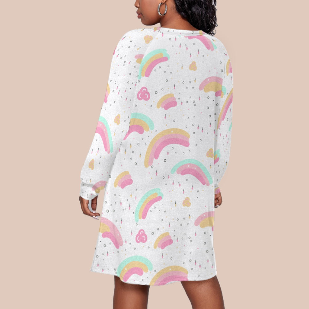 Kawaii Pastel Rainbow Cloud Raindrop Print Plus Size Long Sleeve Raglan Dress