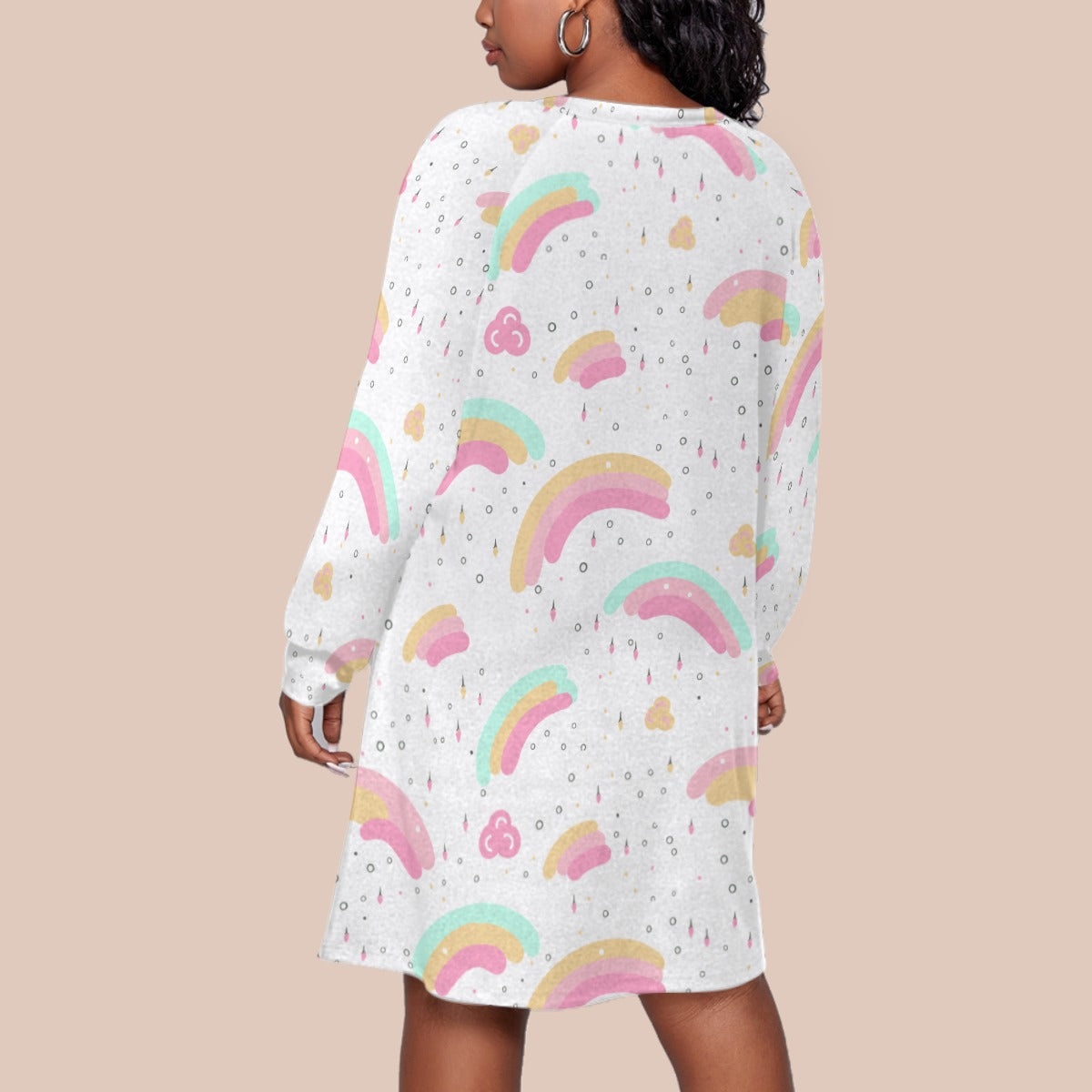 Kawaii Pastel Rainbow Cloud Raindrop Print Plus Size Long Sleeve Raglan Dress