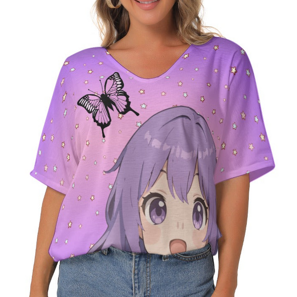 Anime Girl Butterfly Top – Kawaii Purple V-Neck Loose Fit Shirt