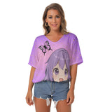 Anime Girl Butterfly Top – Kawaii Purple V-Neck Loose Fit Shirt