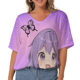 Anime Girl Butterfly Top – Kawaii Purple V-Neck Loose Fit Shirt