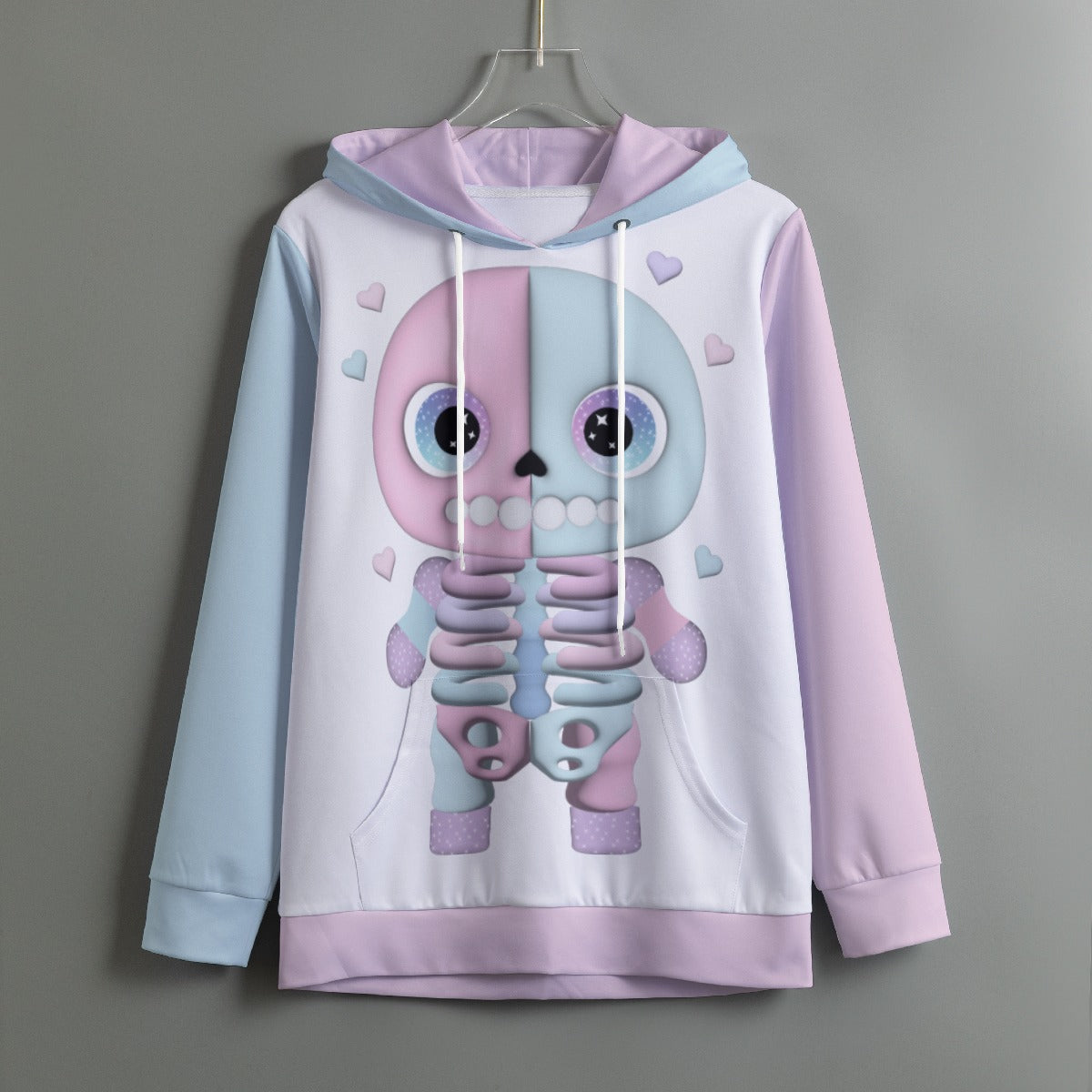 Pastel Skeleton Print Women's Pullover Hoodie - Kawaii Heaven Scuba Hooded Sweatshirt with Drawstring