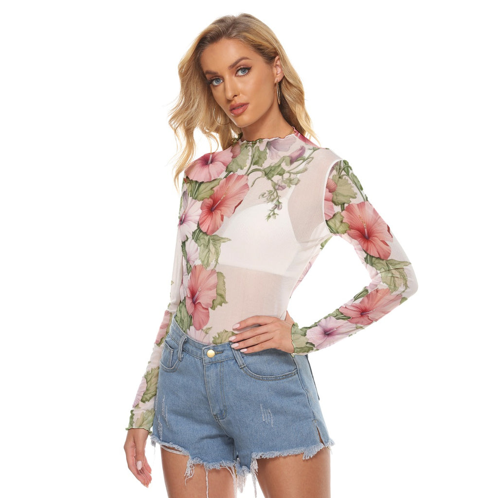 Women's Floral Mesh Long Sleeve T-Shirt - Lightweight Sheer Botanical Print Top