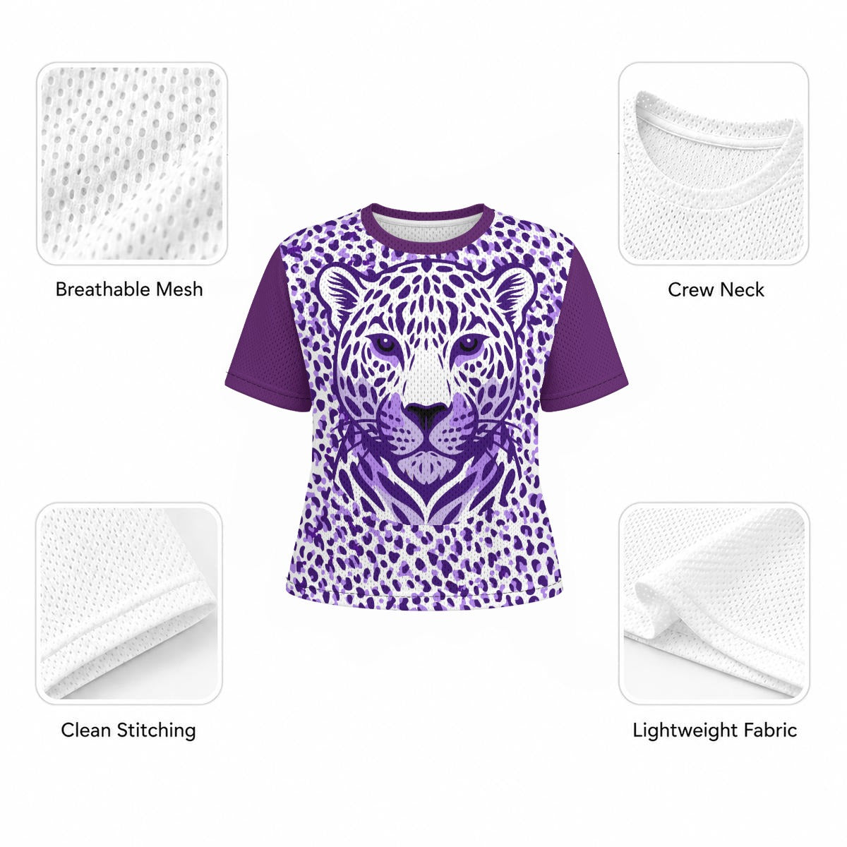 Purple Leopard Portrait Mesh T-Shirt