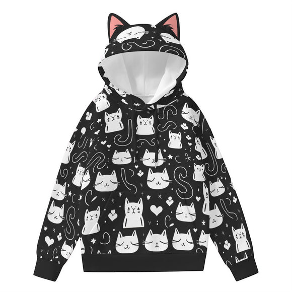 Kawaii Heaven Women's Midnight Meow Hoodie with Cat Ears - Black & White Transfer Print