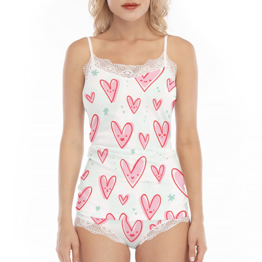 Women's Heart Print Lace Trim Pajama Set - Sexy & Fashionable Cami Top and Shorts