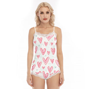 Women's Heart Print Lace Trim Pajama Set - Sexy & Fashionable Cami Top and Shorts