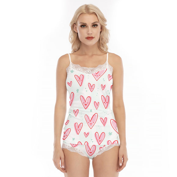 Women's Heart Print Lace Trim Pajama Set - Sexy & Fashionable Cami Top and Shorts