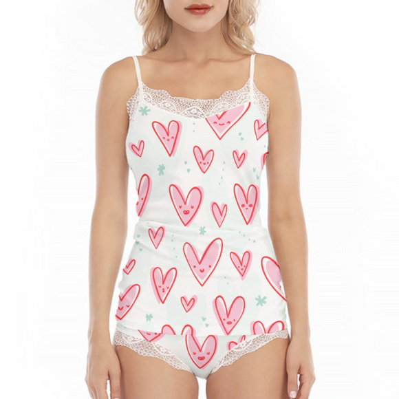 Women's Heart Print Lace Trim Pajama Set - Sexy & Fashionable Cami Top and Shorts