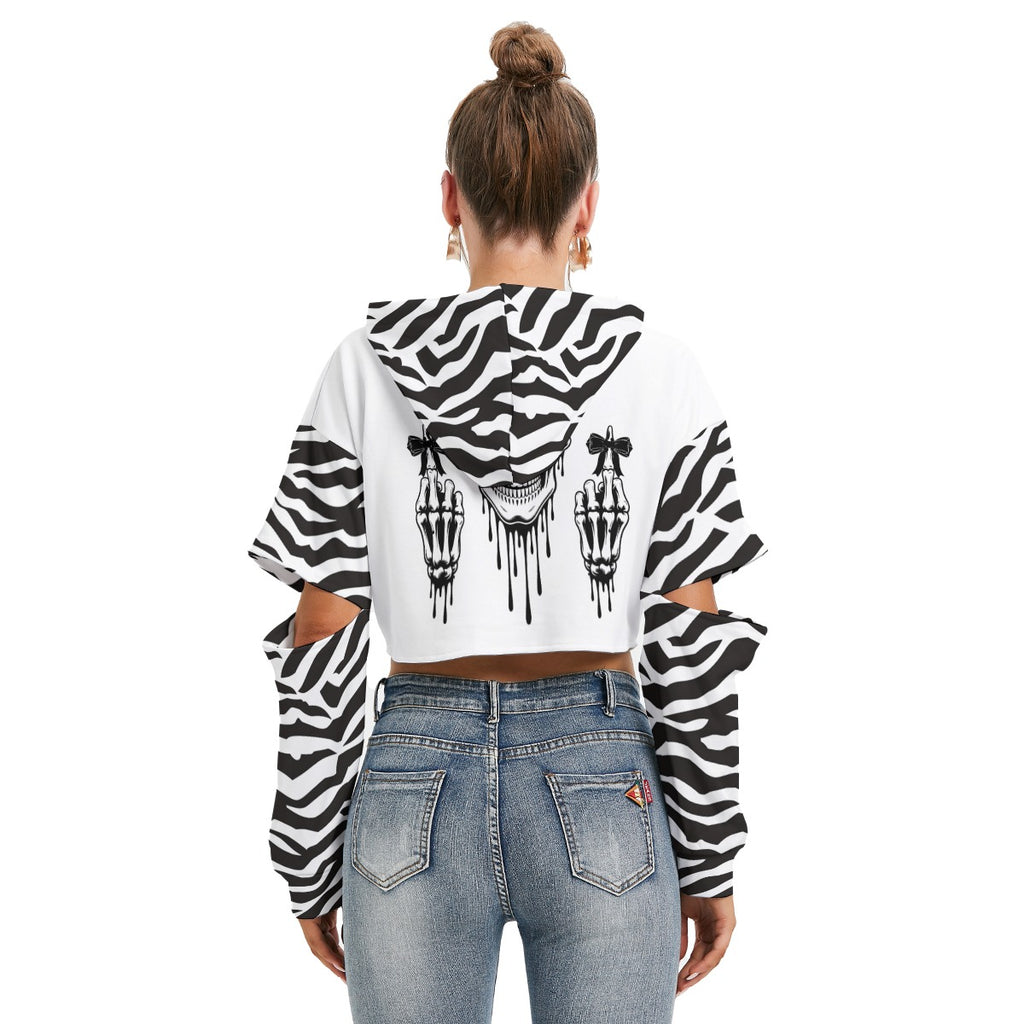 Gothic Skull Cropped Hoodie – Zebra Print Alt Streetwear Hoodie for Women