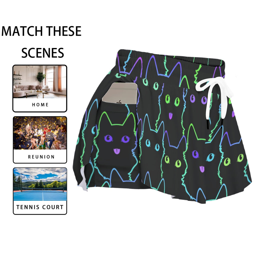 Neon Cat Print Skorts with Pockets - Kawaii Heaven Women's Sport Skirts