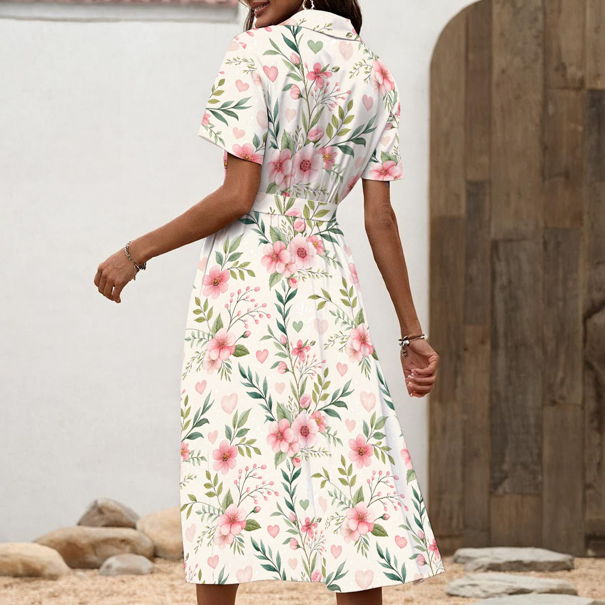Floral Button Shirt Dress – Summer Waist Tie Midi Dress – Kawaii Heaven