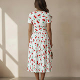 Cherry Print Midi Dress – Feminine V-Neck Summer Dress with Vintage Style