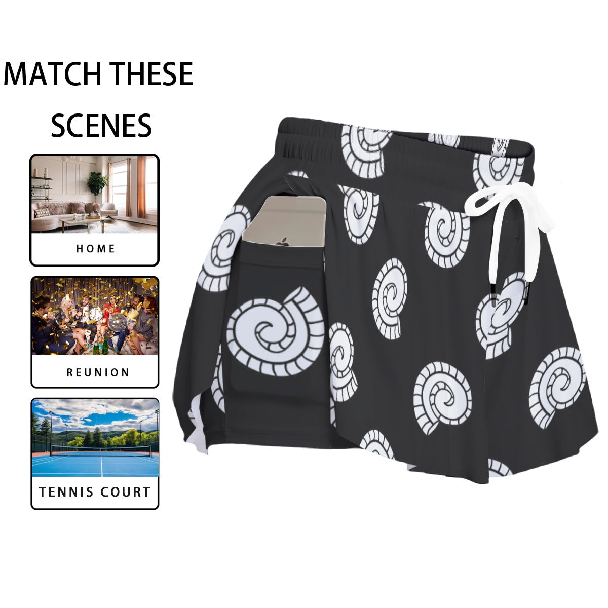 Monochrome Spiral Print Women's Sport Skorts with Pockets - Athletic Skirt Shorts by Kawaii Heaven