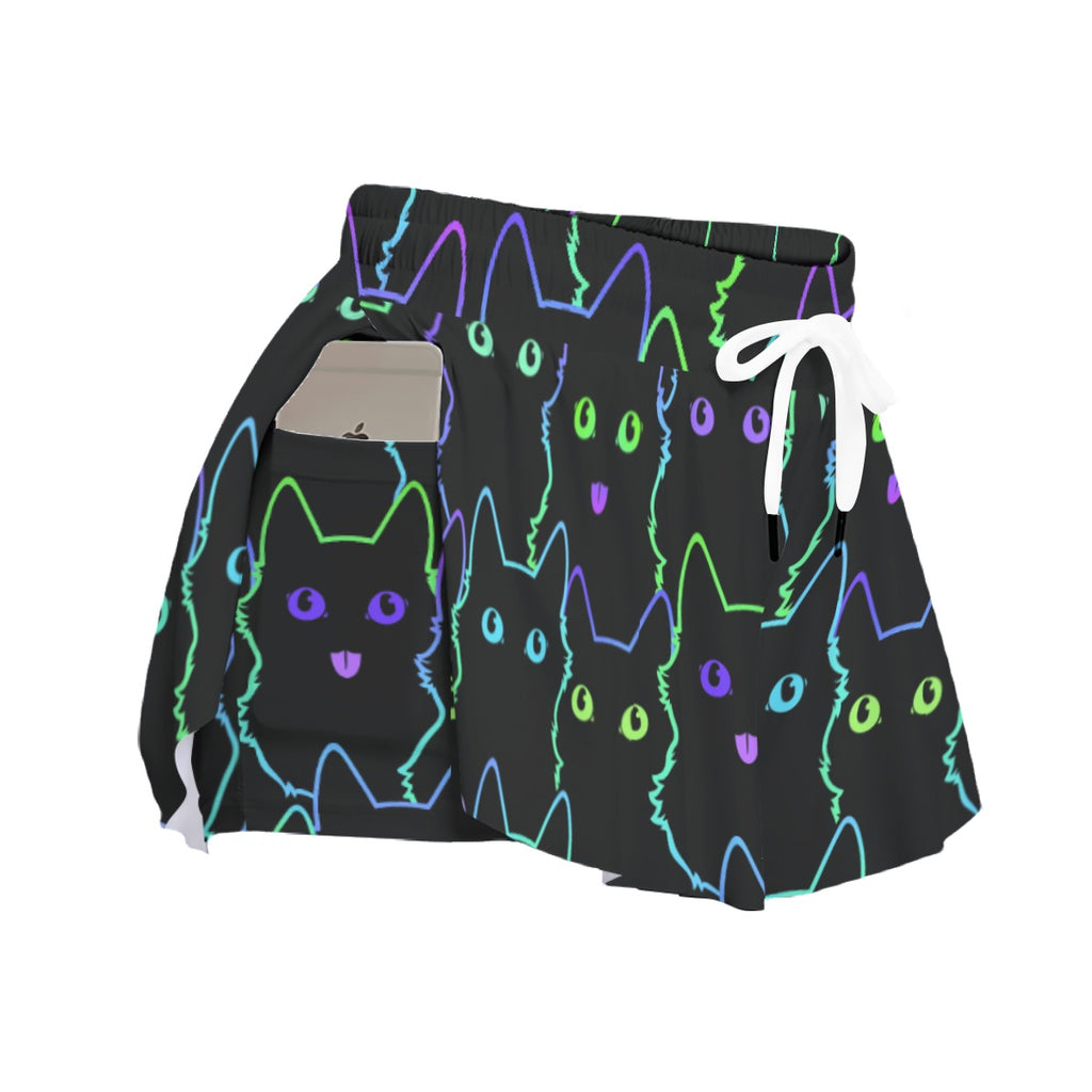 Neon Cat Print Skorts with Pockets - Kawaii Heaven Women's Sport Skirts