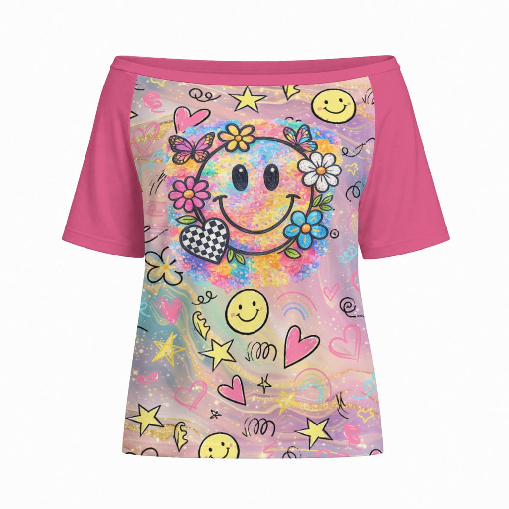 Kawaii Smiley Off Shoulder Top – Pastel Cute Graphic Tee