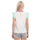 Kawaii Unicorn Heart Graphic Ruffle Sleeve Blouse for Women - Pastel Cute Top with Lace Collar