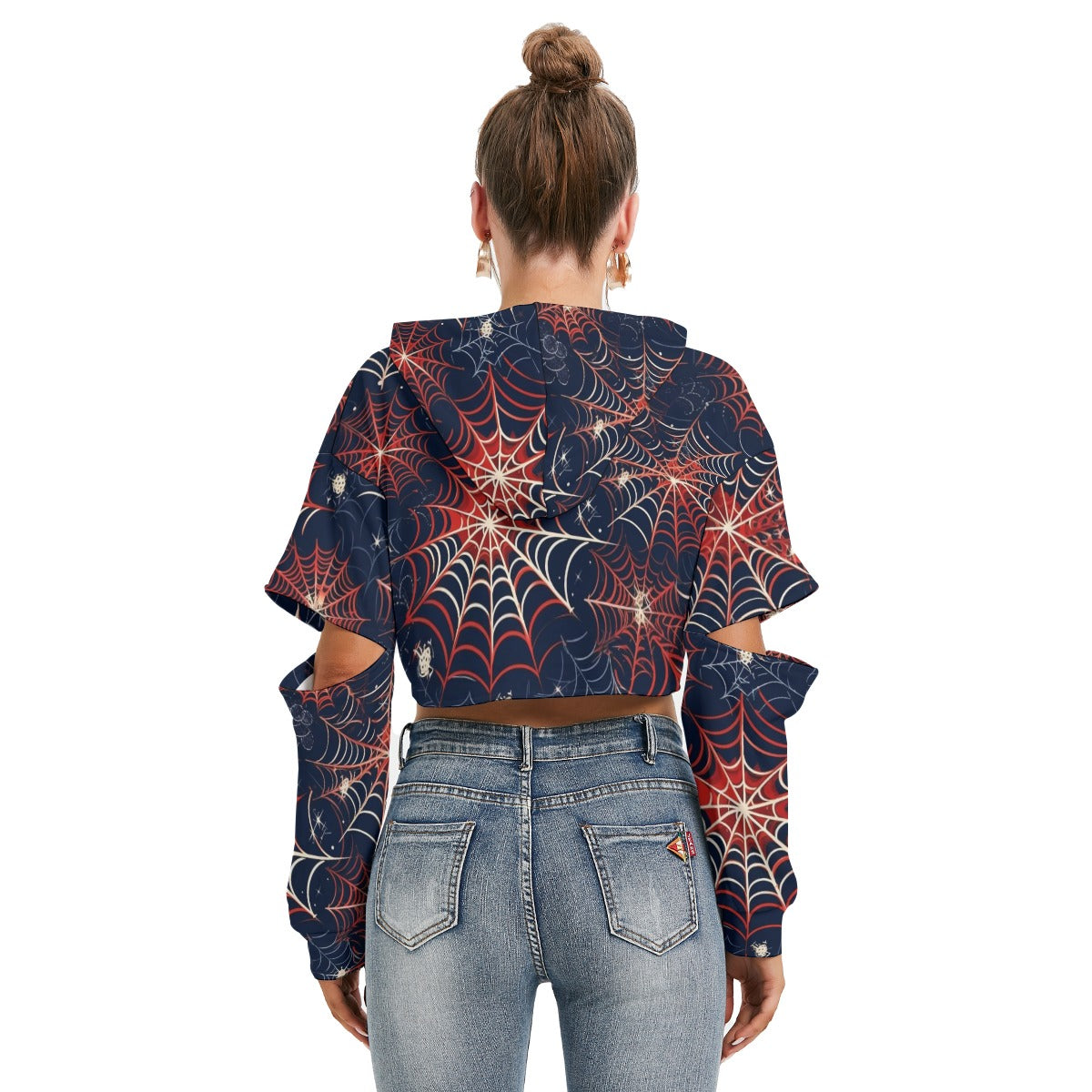 Kawaii Heaven Heavy Fleece Cropped Hoodie with Hollow Out Sleeves & Drawstring for Women