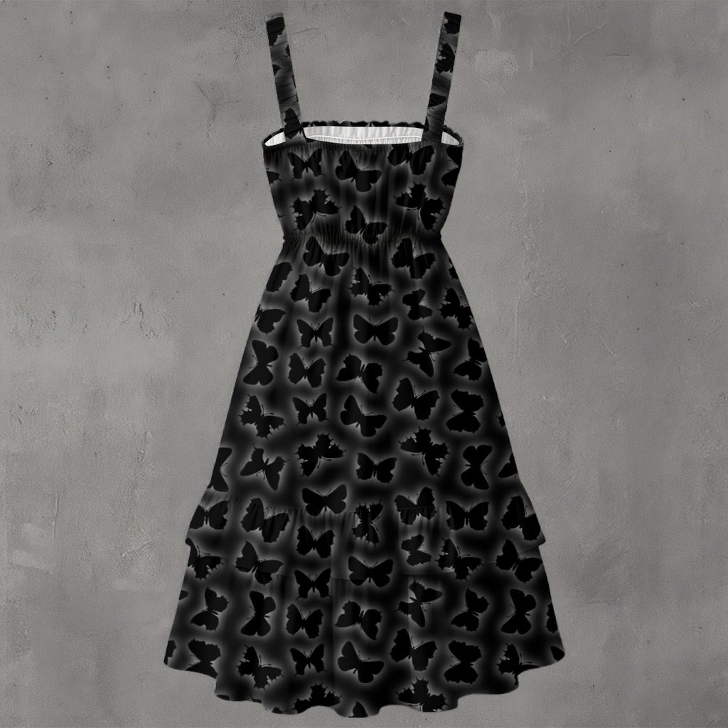 Black Butterfly Ruffle Dress – Sleeveless Midi Dress with Ruched Waist