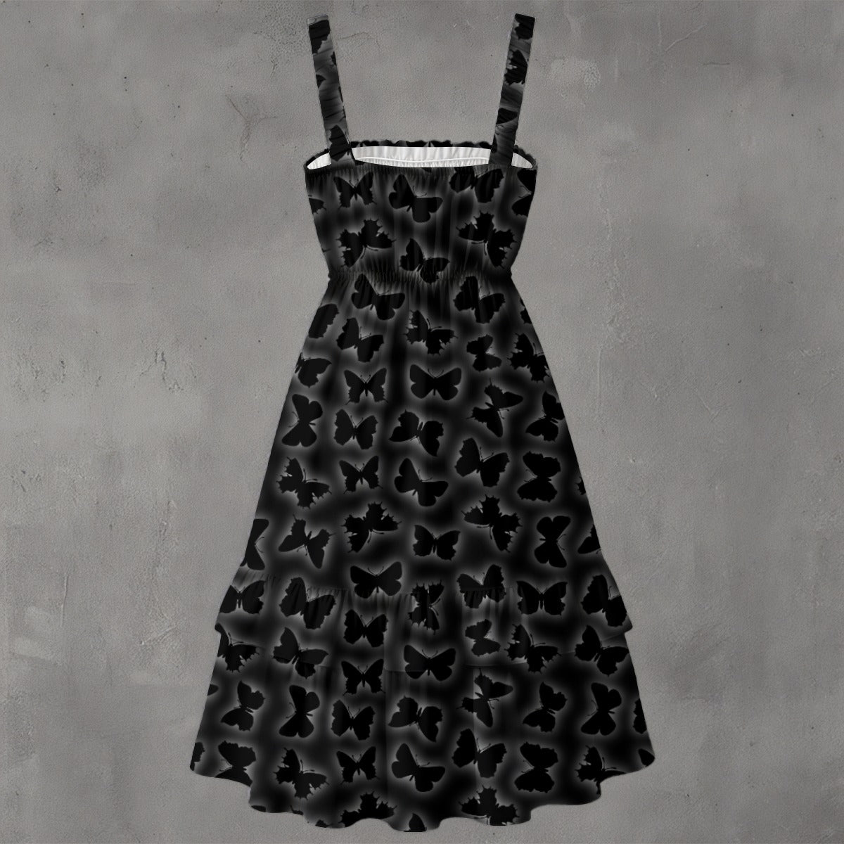 Black Butterfly Ruffle Dress – Sleeveless Midi Dress with Ruched Waist