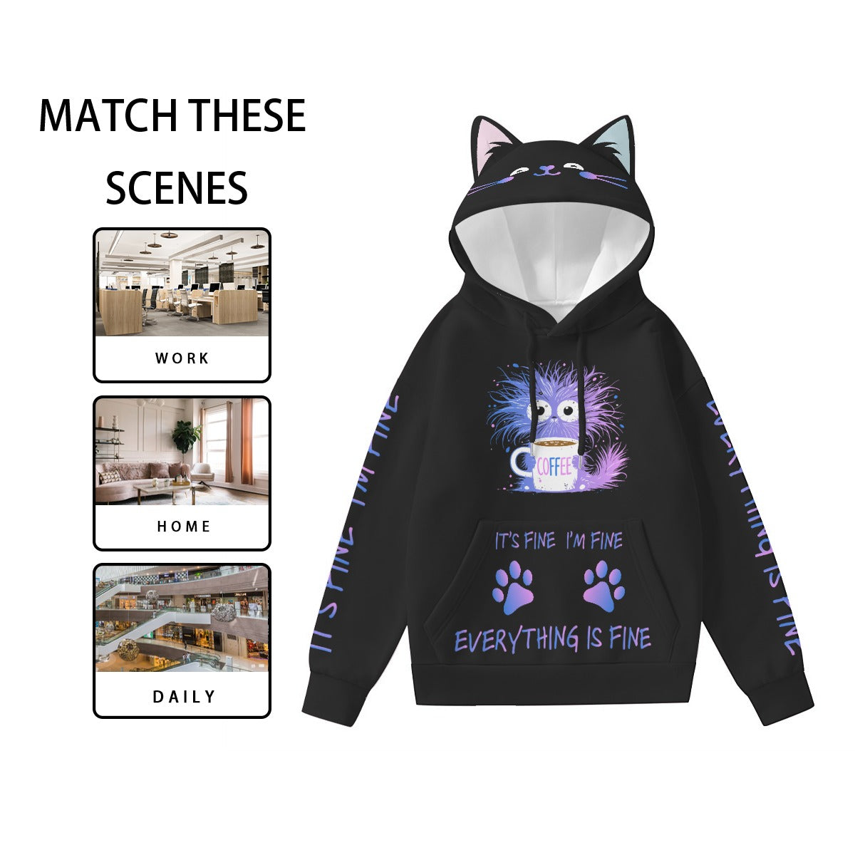 Kawaii Cat Ear Hoodie – “Everything Is Fine” Coffee Sweatshirt for Cat Lovers