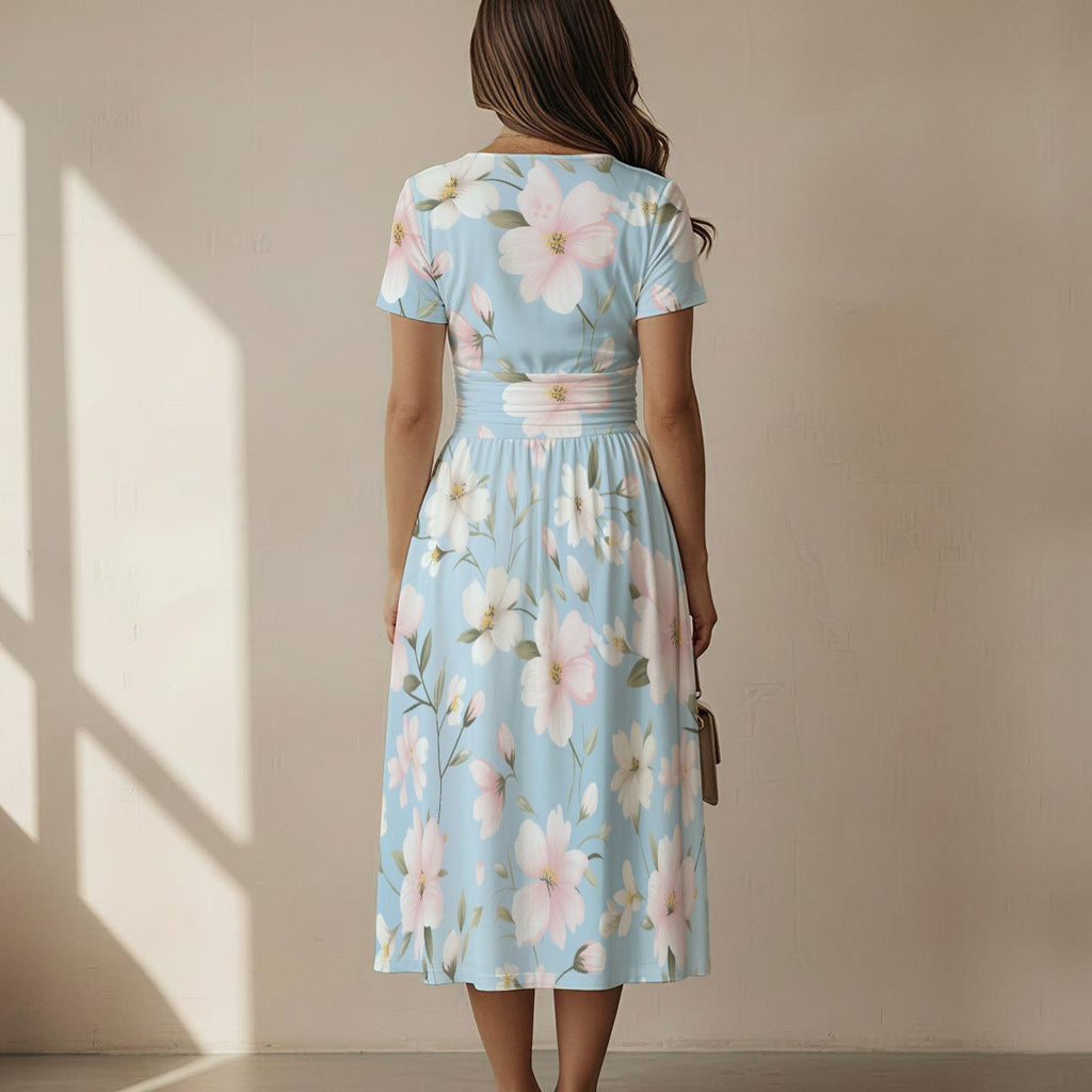 Pastel Blue Floral V-Neck Midi Dress