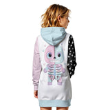 Kawaii Heaven Women's Heavy Fleece Long Hoodie with Pastel Skeleton & Star Print