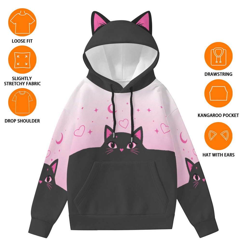 Pastel Pink Black Cat Ear Hoodie