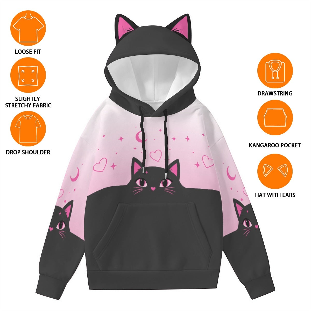 Pastel Pink Black Cat Ear Hoodie