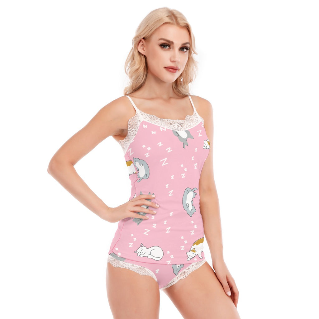 Kawaii Sleepy Cats Women's Sexy Lace Edge Pajama Set | Microfiber Fabric