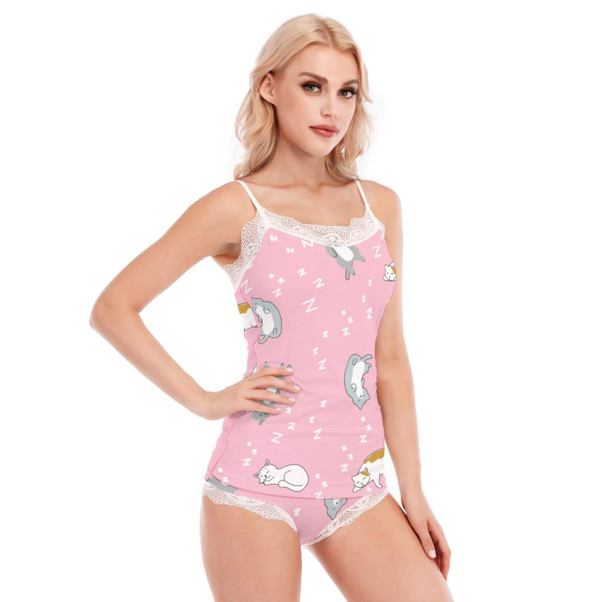 Kawaii Sleepy Cats Women's Sexy Lace Edge Pajama Set | Microfiber Fabric