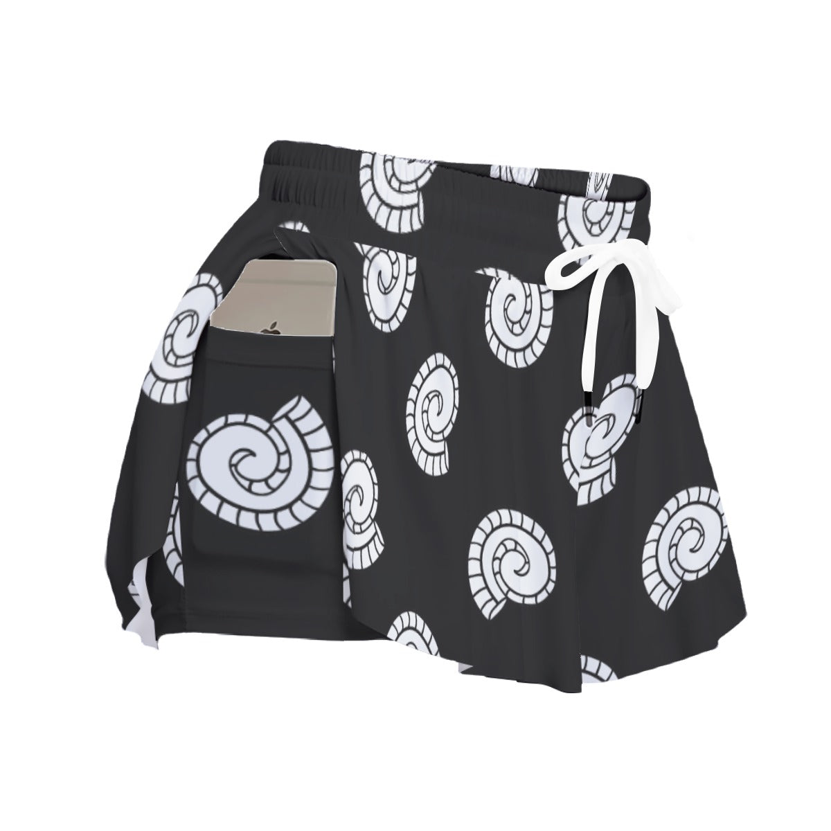 Monochrome Spiral Print Women's Sport Skorts with Pockets - Athletic Skirt Shorts by Kawaii Heaven