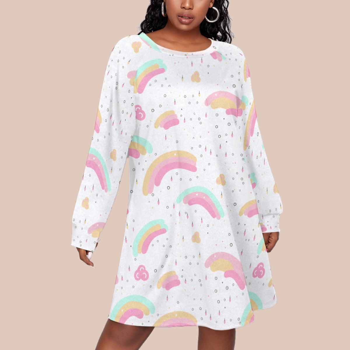 Kawaii Pastel Rainbow Cloud Raindrop Print Plus Size Long Sleeve Raglan Dress