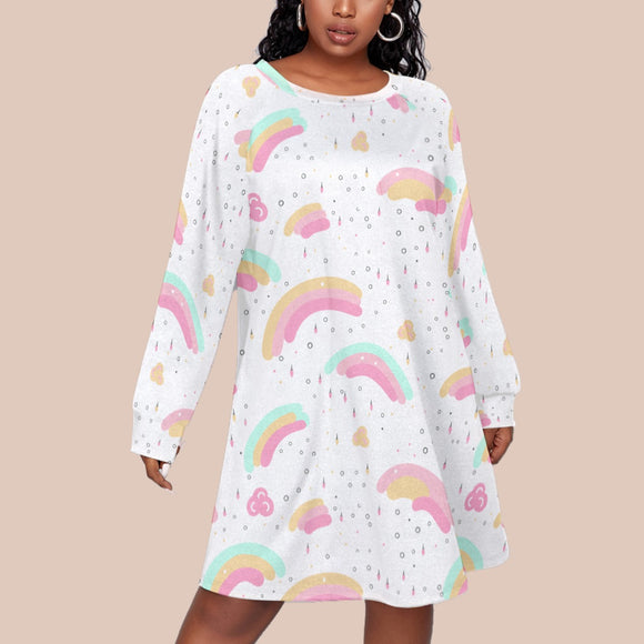 Kawaii Pastel Rainbow Cloud Raindrop Print Plus Size Long Sleeve Raglan Dress
