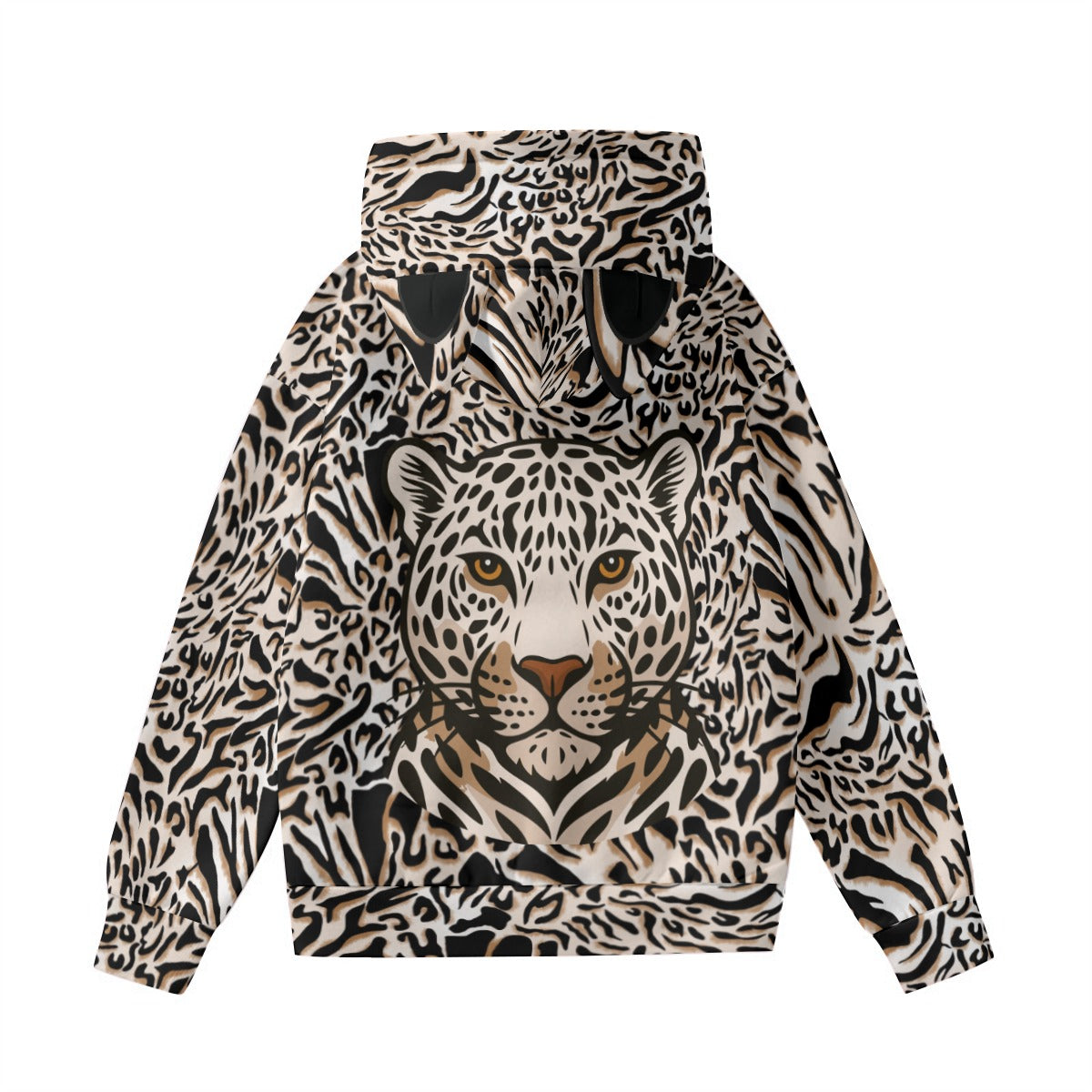 Kawaii Heaven Women's Leopard Face Print Hoodie with Decorative Cat Ears - Cute Pullover Sweatshirt