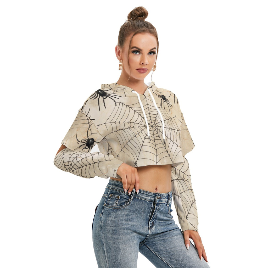 Women's Cropped Spider Hollow Sleeve Fleece Hoodie - Fashionable Halloween Top with Warm Lining