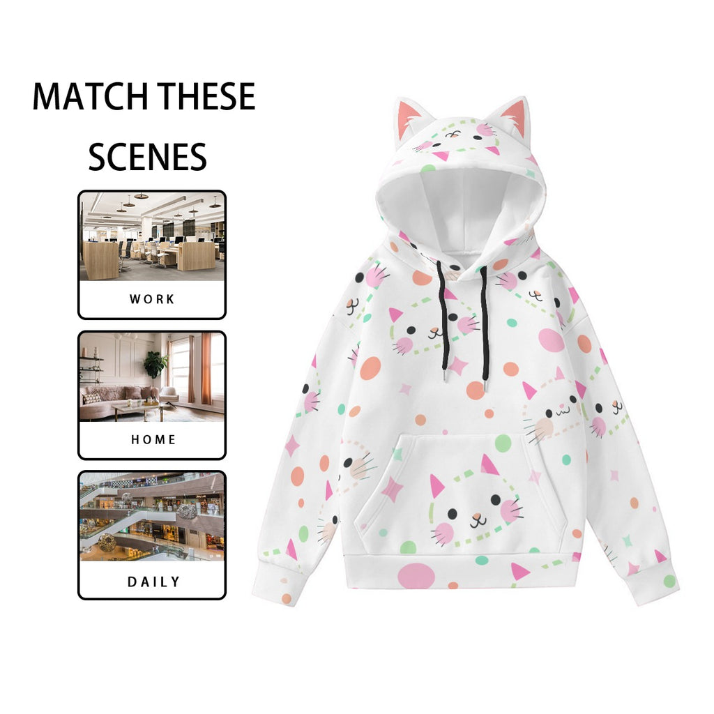 Kawaii Cat Face Hoodie with Ears - Cute Girls' Pullover Sweatshirt