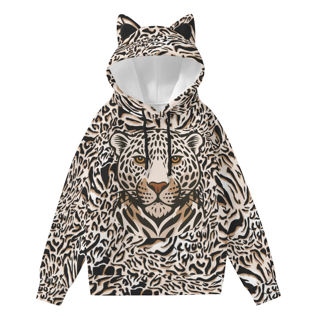 Kawaii Heaven Women's Leopard Face Print Hoodie with Decorative Cat Ears - Cute Pullover Sweatshirt