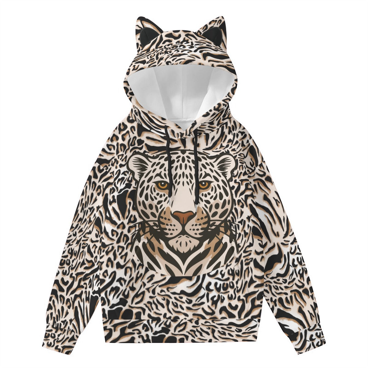 Kawaii Heaven Women's Leopard Face Print Hoodie with Decorative Cat Ears - Cute Pullover Sweatshirt