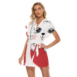 Sweet Kitty Love Wrap Dress - Casual Women's Stand-up Collar Dress with Belt | Polyester