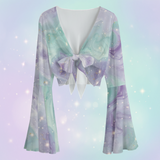 Pastel Galaxy Mesh Tie Front Top – Sheer Bell Sleeve Blouse