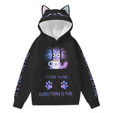 Kawaii Cat Ear Hoodie – “Everything Is Fine” Coffee Sweatshirt for Cat Lovers
