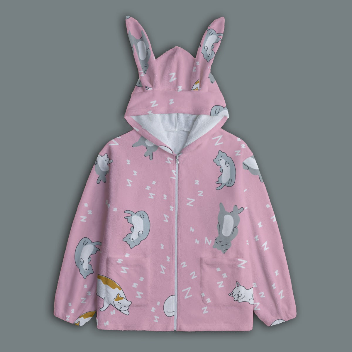 Kawaii Cat Bunny Ear Hoodie – Cute Pink Fleece Zip Up Jacket