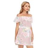 Women's Off-Shoulder Ruffle Dress with Lotus Lace - Kawaii Heaven Blush Garden Style