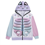 Kawaii Heaven Unisex Zip Up Hoodie with Cat Ears Pastel Skeleton Print