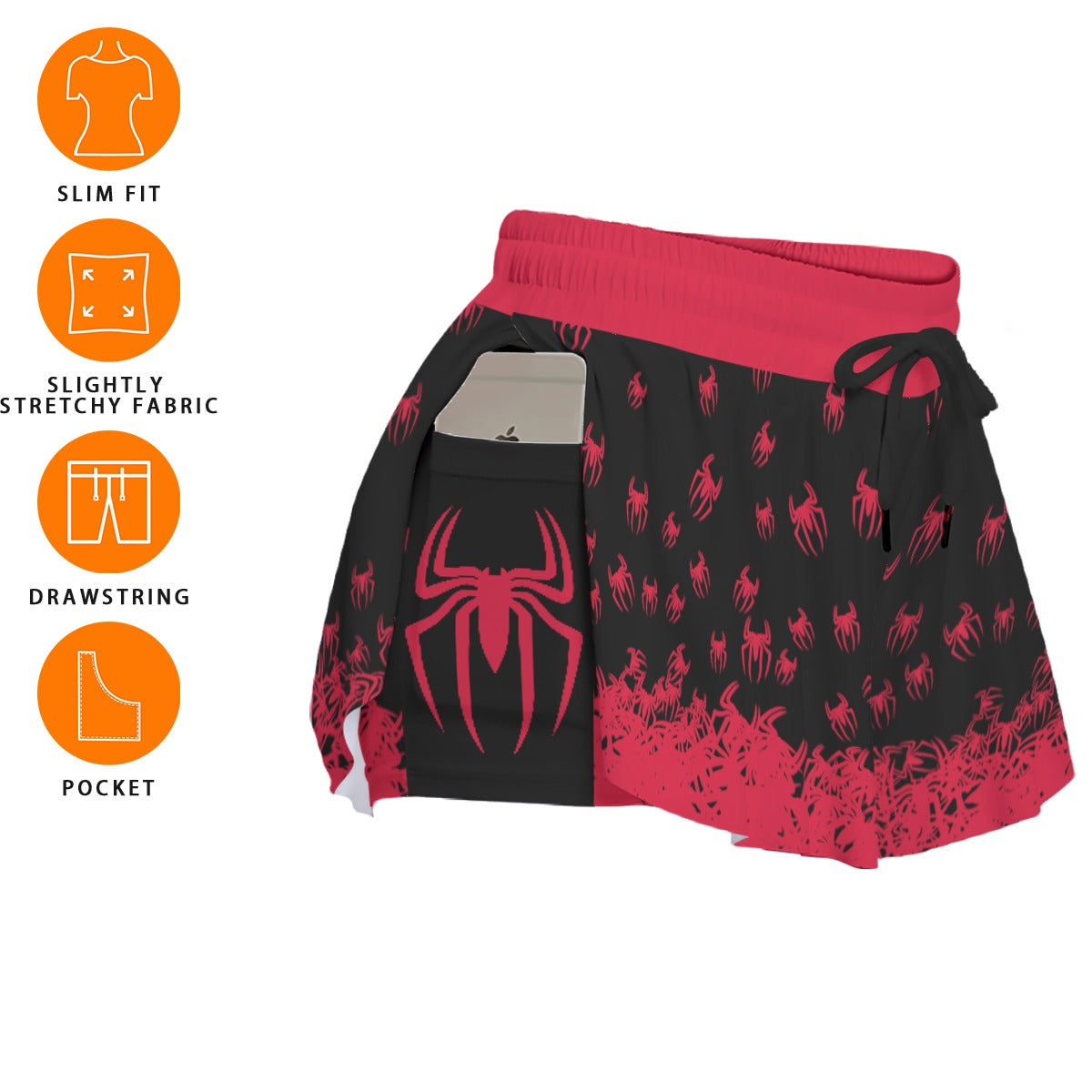 Kawaii Heaven Women's Red Spider Print Sport Skorts with Side Pockets