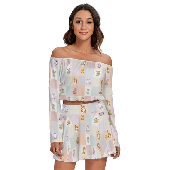Kawaii Heaven Women's Off-Shoulder Pastel Pet Parade Top & Skirt Set