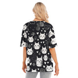 Women's Midnight Meow Short Sleeve T-Shirt with Hem Split - Oversized Crew Neck